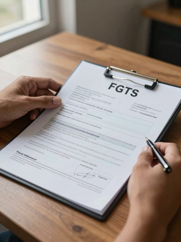 Close-up of hands holding an official FGTS withdrawal document on a wooden desk, natural window light from the left, pen resting beside the papers, shallow depth of field