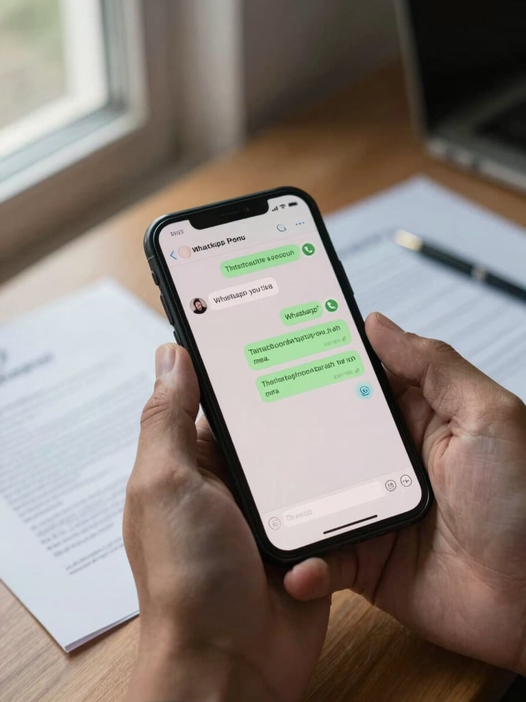 Close-up of a hand holding a smartphone displaying a WhatsApp conversation on screen, natural office window light from the left, desk with a few official documents slightly out of focus in background, documentary style, no staging