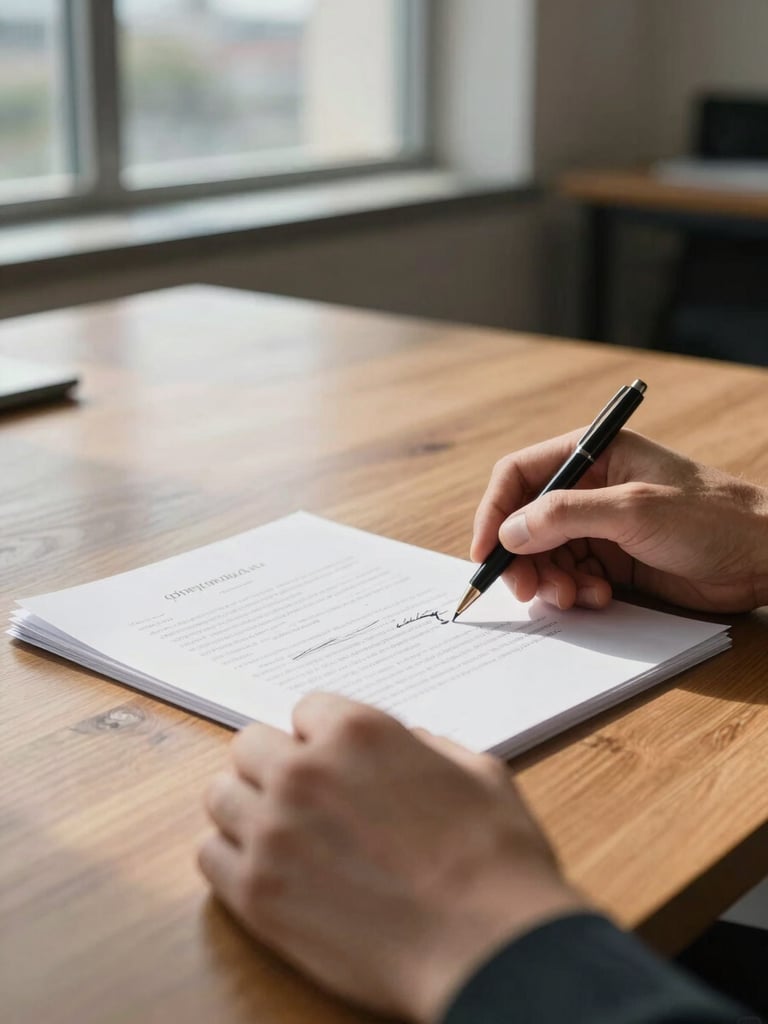 Close-up of hands turning pages of a notarized document on a wide wooden desk, natural north-facing daylight, ink marks and a pen visible at the edge, architectural office window in soft focus behind