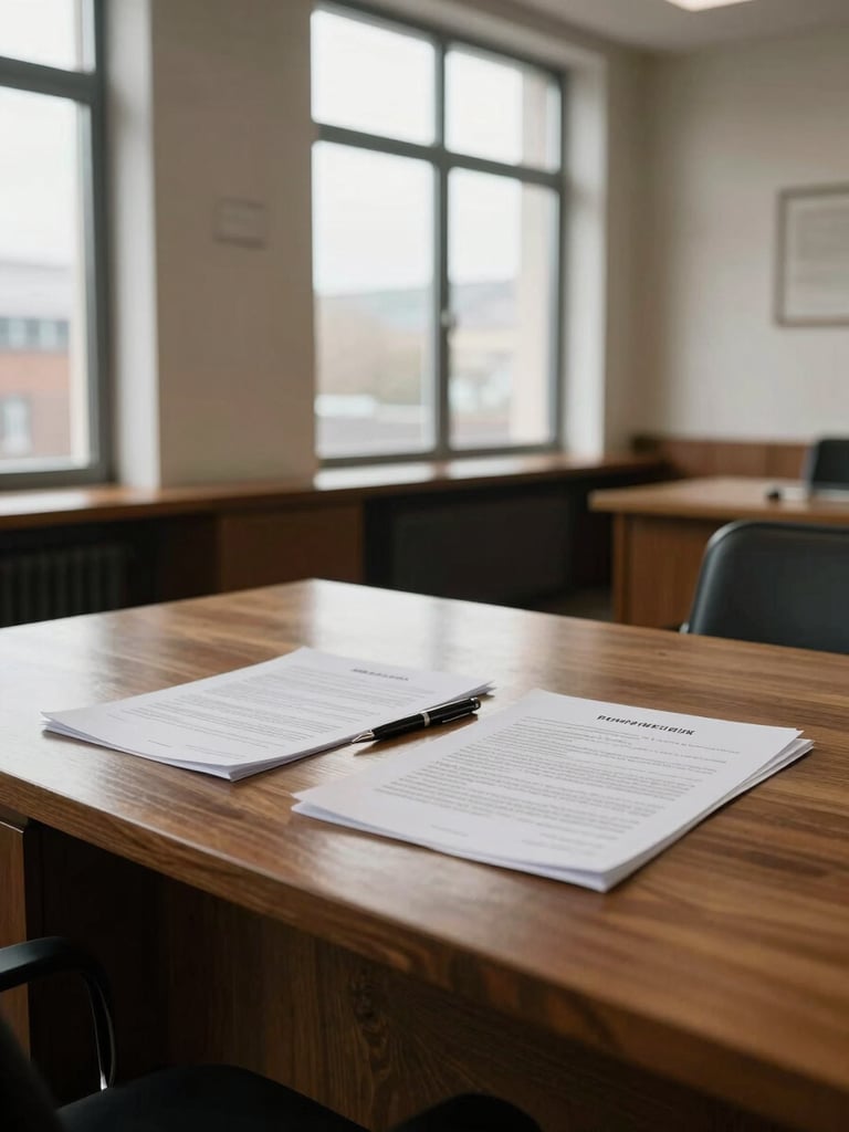 Wide architectural shot of an empty notarial office, heavy wooden desk with spread contracts and a pen resting mid-signature, natural north-facing daylight through tall windows casting soft even light, no people present