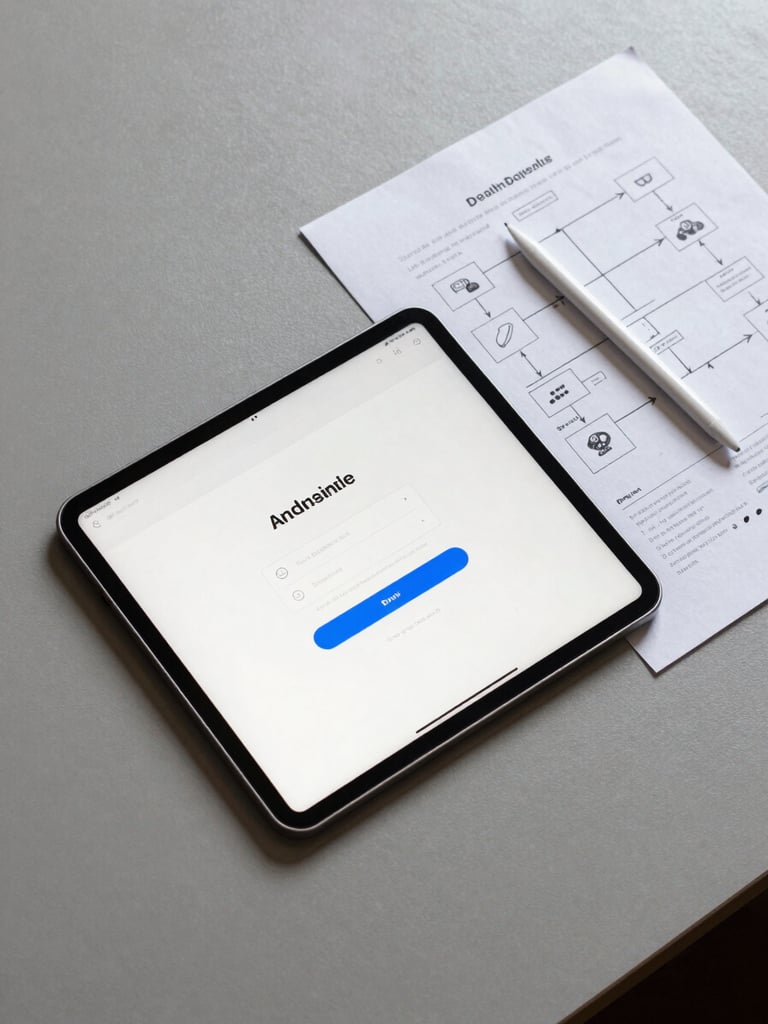 Overhead flat-lay on a matte desk surface: a tablet showing an app onboarding screen in sharp focus, a printed UX flow diagram beside it with handwritten annotations, and a stylus resting across the corner — clean studio lighting, high contrast, no people visible