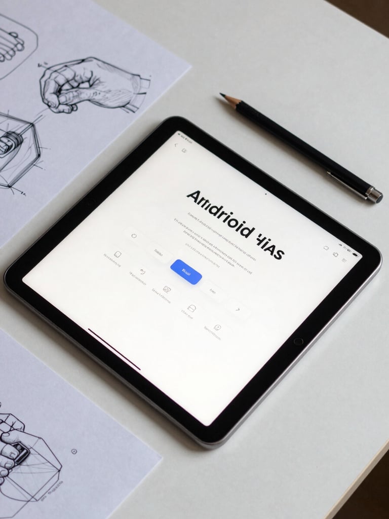 Overhead flat-lay of an Android tablet displaying a clean app onboarding screen, a mechanical pencil and interaction wireframe sketches beside it on a matte white desk, studio lighting, high contrast, sharp focus on UI typography and button states