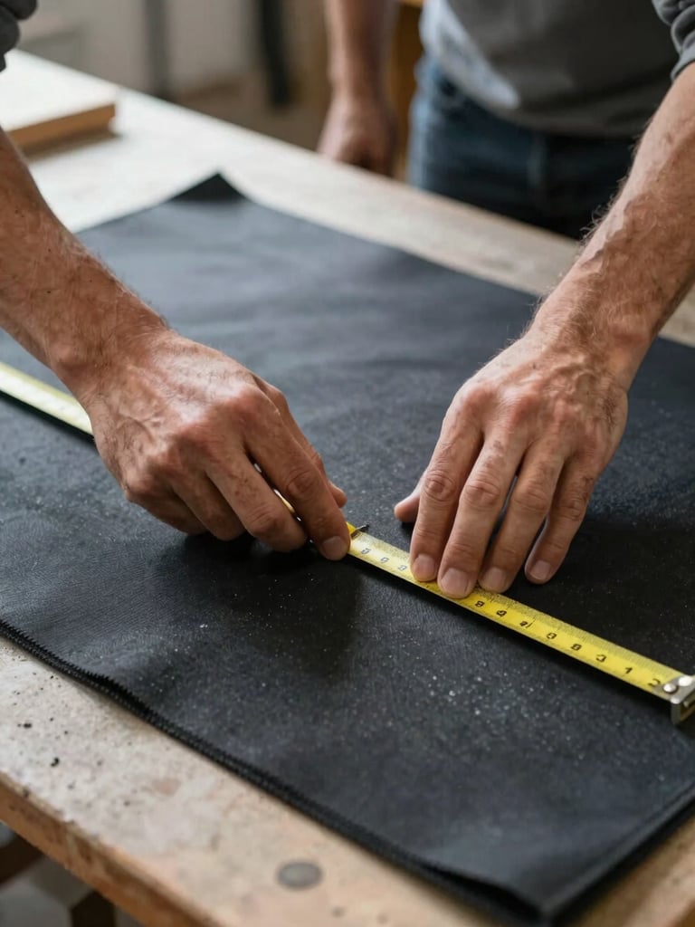 Hands of a craftsman measuring and marking a dark fabric floor mat on a workshop bench, steel measuring tape visible, north-facing daylight from the left, overhead framing, no lifestyle context