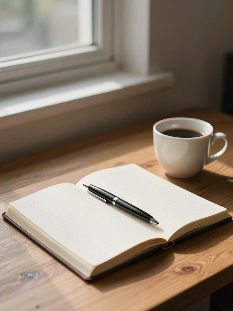 Wide shot of an ordered wooden desk near a window, morning light falling softly across an open notebook and a white ceramic coffee cup, a pen resting on the page, calm and still