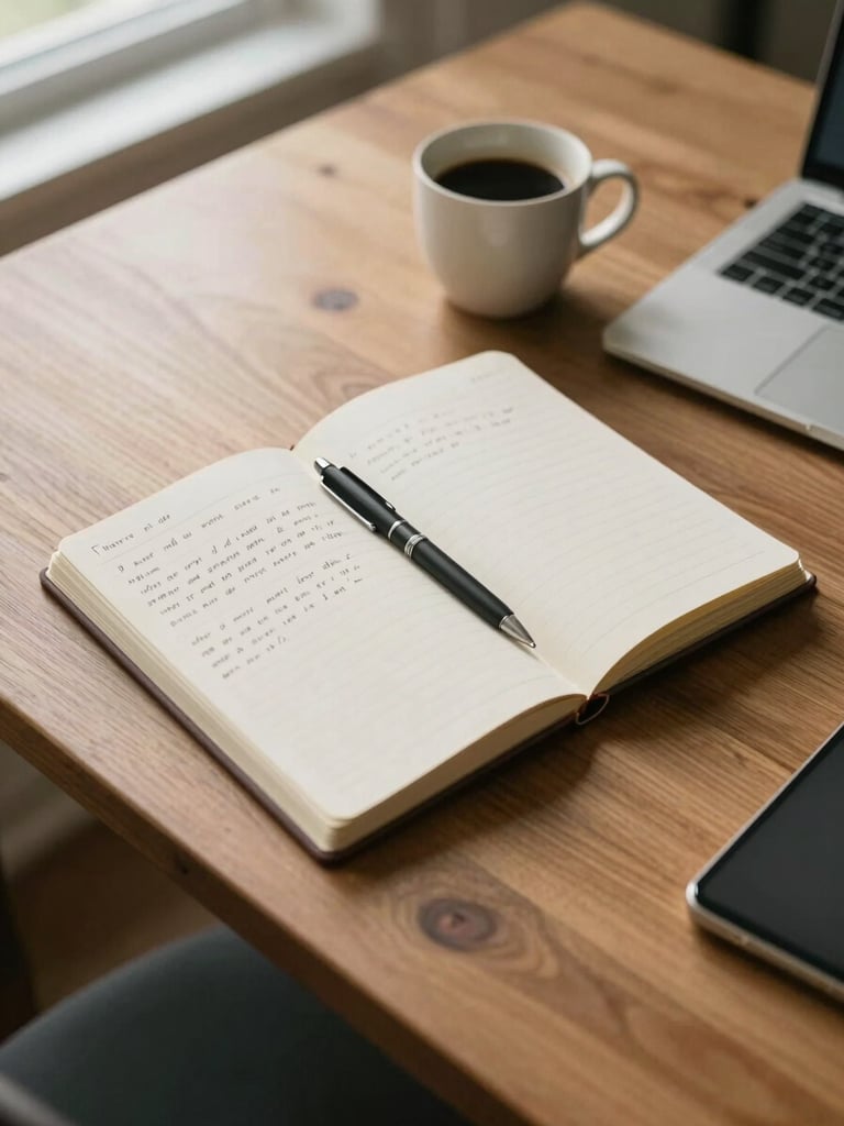 Wide shot of an ordered wooden desk from above, morning light entering from the left, an open notebook with handwritten notes, a pen resting beside it, a ceramic coffee cup, and a laptop partially visible at the edge — calm, focused, solitary