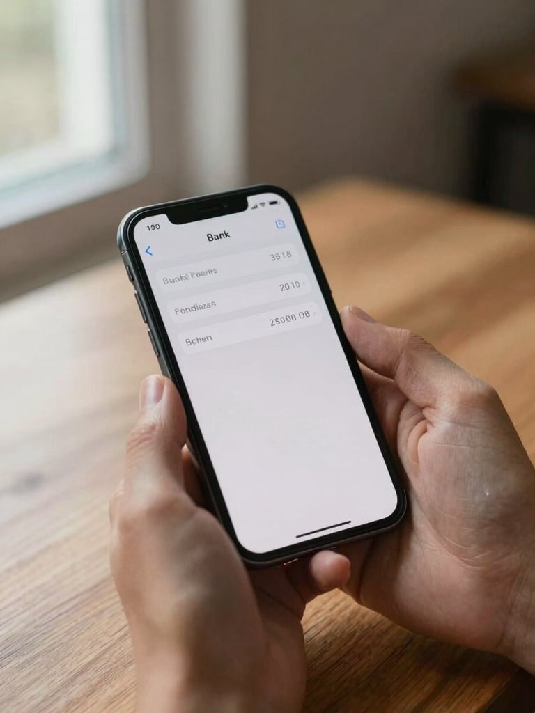 Close-up of hands holding a smartphone showing a simple bank balance screen, morning light from a window to the left, a wooden table visible in soft focus below, calm and unhurried mood