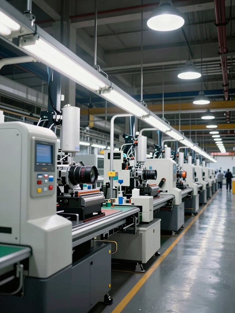 Sharp wide-angle shot of a clean, brightly lit industrial assembly line with modern machinery, steel structures, and high-contrast overhead lighting.