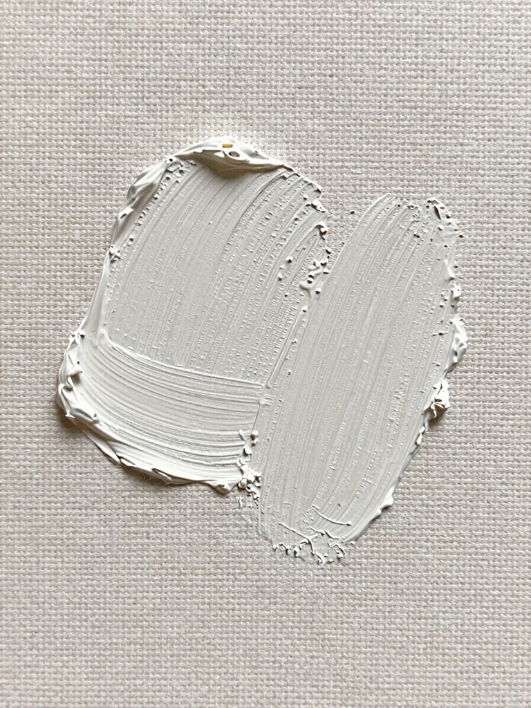 Macro close-up of textured paint strokes on linen canvas, showing heavy impasto details, bright gallery photography, neutral clean background.