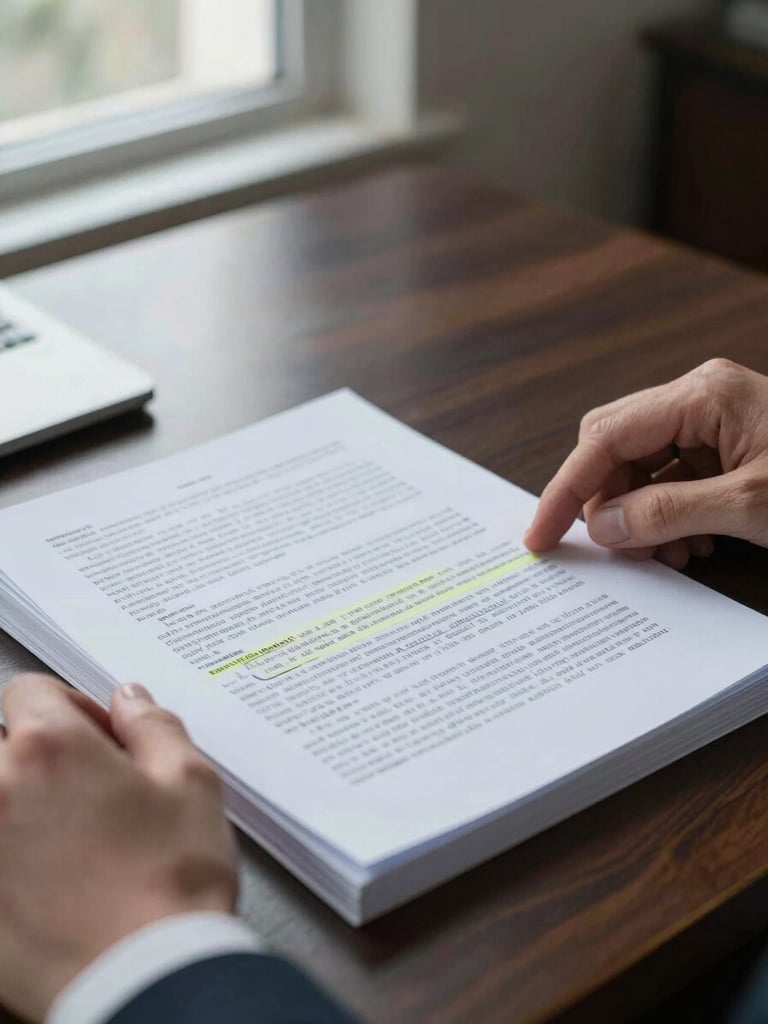 Close-up of hands turning pages of a printed legal document on a dark oak desk, cool office daylight from a side window, fingers resting on a highlighted clause, crisp and precise framing