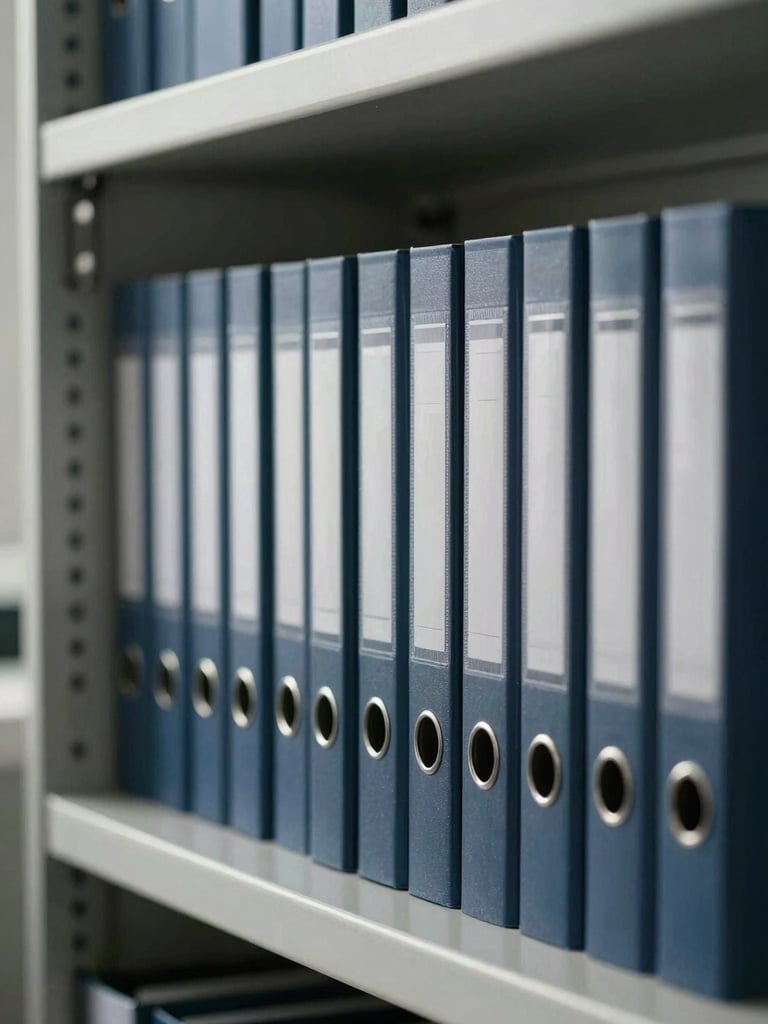 Organized physical file folders on a clean metal shelf in a law office, cool daylight from the left, spines labeled with tabs, precise and orderly arrangement, no people visible