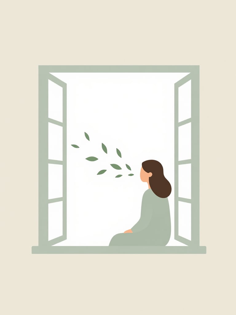 Minimalist flat vector illustration of a person sitting by a large open window with green leaves whispering in a gentle morning breeze, soft sage and warm cream tones, calming and modern