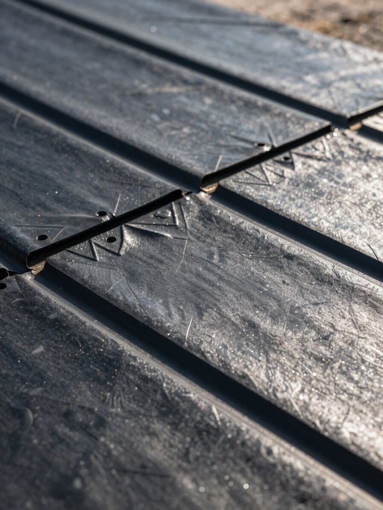 Close-up macro shot of black HDPE geomembrane textured surface, clean geometric pattern, bright natural daylight casting sharp high-contrast technical shadows.