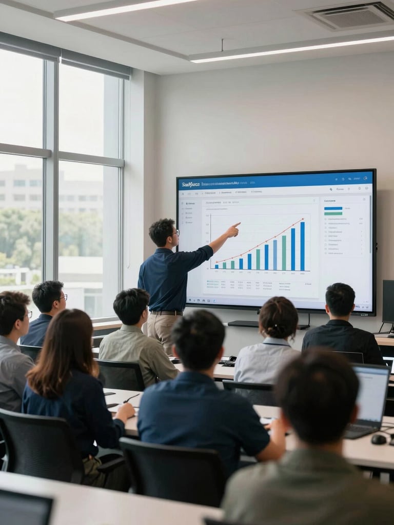 Wide panoramic shot of an operations team gathered around a large monitor displaying a Salesforce report in a bright open office, natural daylight flooding in from tall windows on the left, one person standing and pointing at pipeline figures on screen