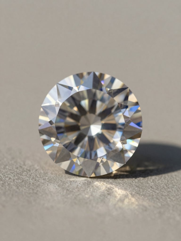 Extreme close-up of a single round brilliant-cut diamond resting on a neutral warm grey surface, studio daylight from the upper left rendering every facet in sharp contrast, deep shadow on the right edge creating spatial depth, no background detail