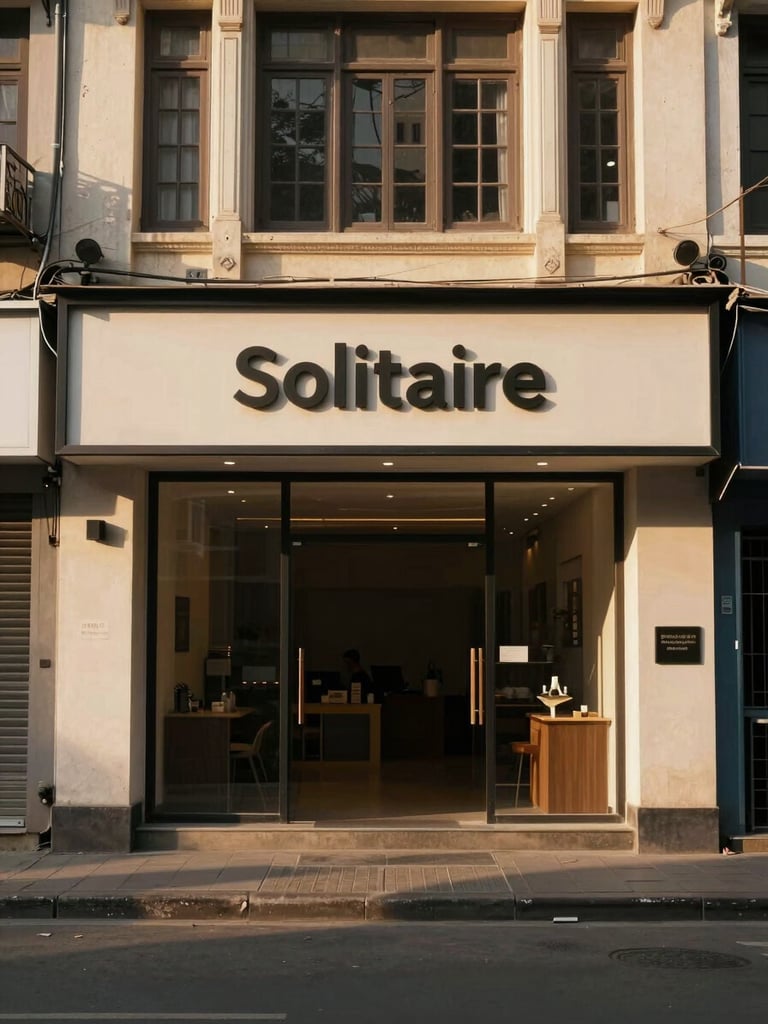 Wide shot of a ground-floor storefront entrance at Solitaire Building, Ballygunge, Kolkata — warm late-afternoon light falling across the facade, architectural detail of the building entrance visible, no people, calm street-level framing with depth into the doorway