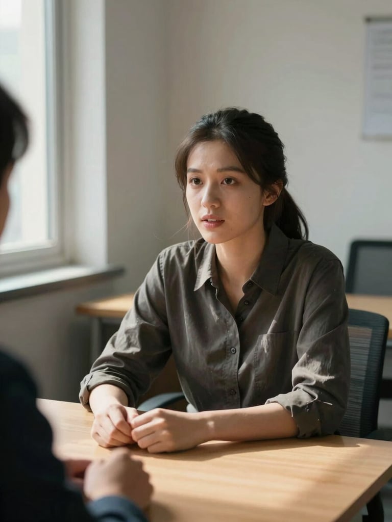 Close environmental portrait, a young woman seated at a plain wooden desk in a sparse office, leaning slightly forward in direct conversation with someone off-frame, natural daylight from a window to her left casting honest shadows across her face and hands resting on the table, documentary framing with shallow depth of field, no staging