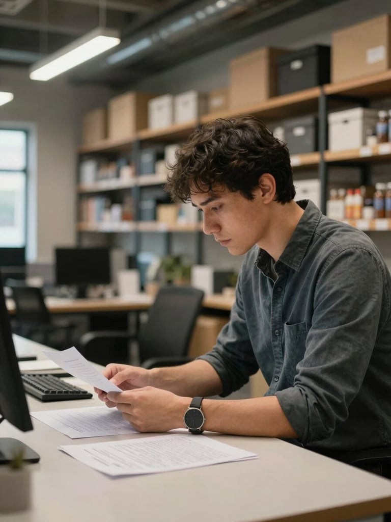 Environmental wide shot of a person standing at a shared workspace counter, reviewing a printed document, overhead natural light, industrial shelving in background, focused and unhurried
