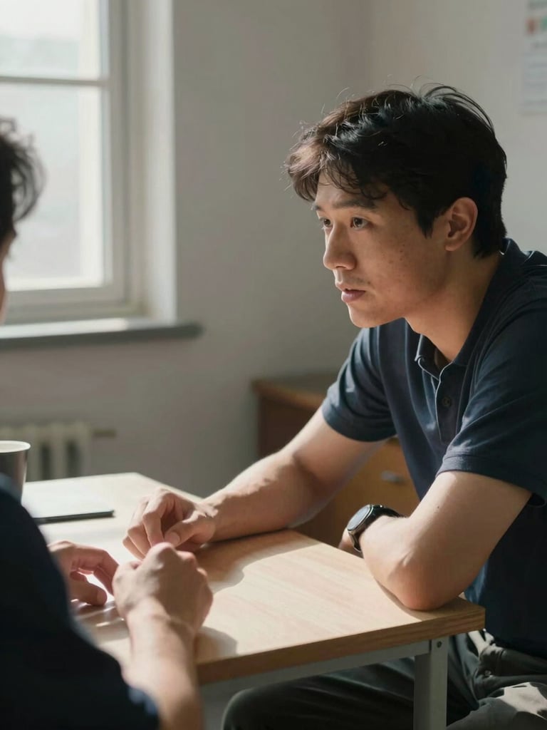Close-up of two people seated across a small table in a spare office, one leaning forward in conversation, hands visible on the table surface, natural daylight from a side window, honest shadows, no props