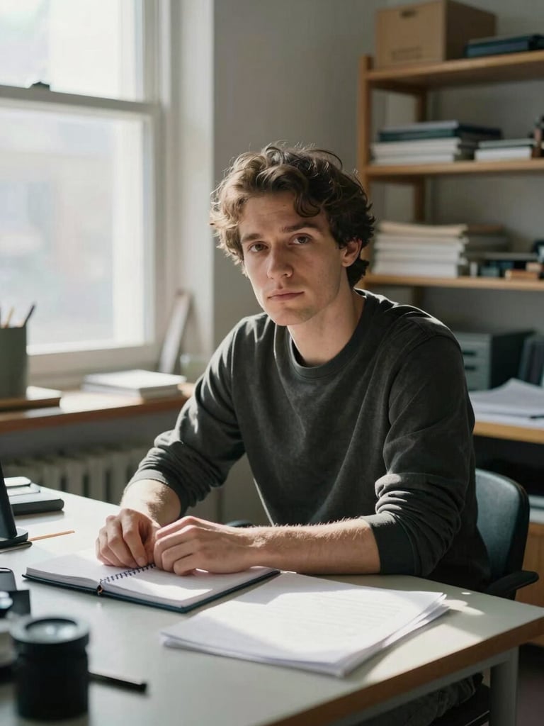 Close environmental portrait of a person seated at a cluttered worktable in a small studio, daylight from a side window illuminating their hands resting on a notebook, direct gaze toward camera, shelves of materials visible in background, honest shadows, no artificial lighting