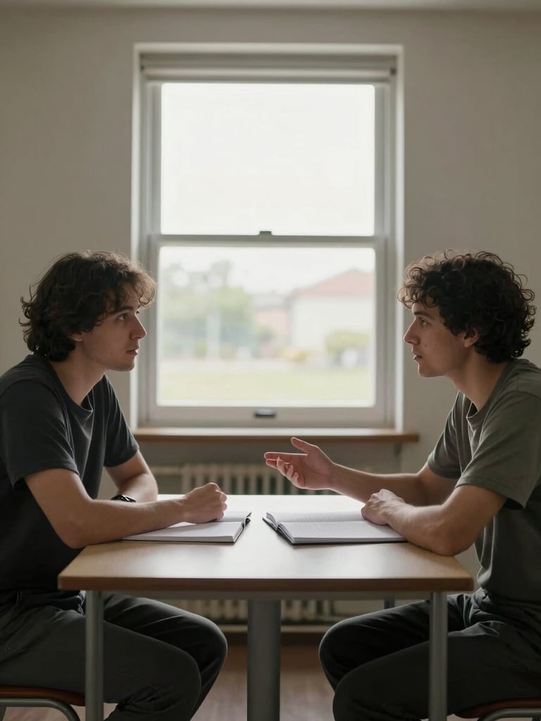 Wide environmental shot, two people seated across a small table in a quiet meeting room, natural daylight from a window behind them, one person gesturing toward an open notebook while the other listens with attention, honest documentary framing, no props or staging, overhead ambient light absent — only window light