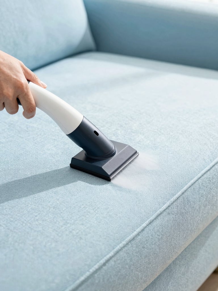 Macro shot of clean light blue sofa fabric texture, professional upholstery steam cleaning nozzle in action, bright natural daylight, crisp details