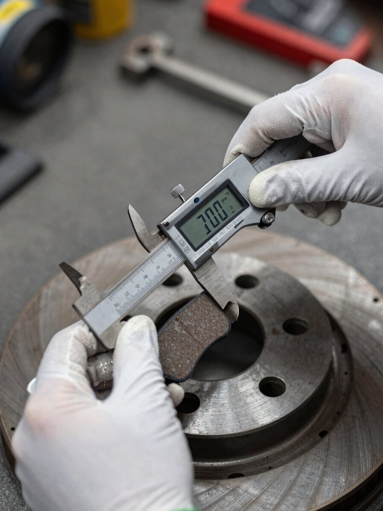 Close-up of a technician's gloved hands using digital calipers to measure brake pad thickness on a disassembled rotor, overhead bay lighting, workshop bench visible in background, precision instrument in sharp focus