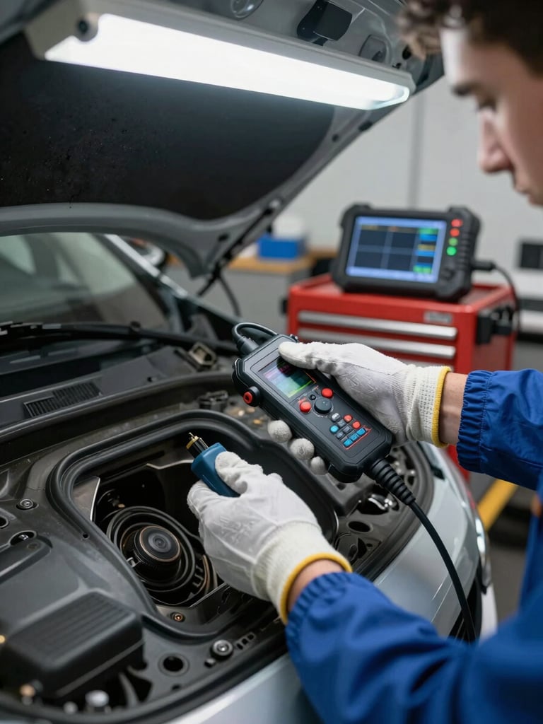 Overhead bay view of a technician's gloved hands connecting an OBD diagnostic scanner to a vehicle port under clean fluorescent workshop lighting, organized tool chest and diagnostic tablet visible in background