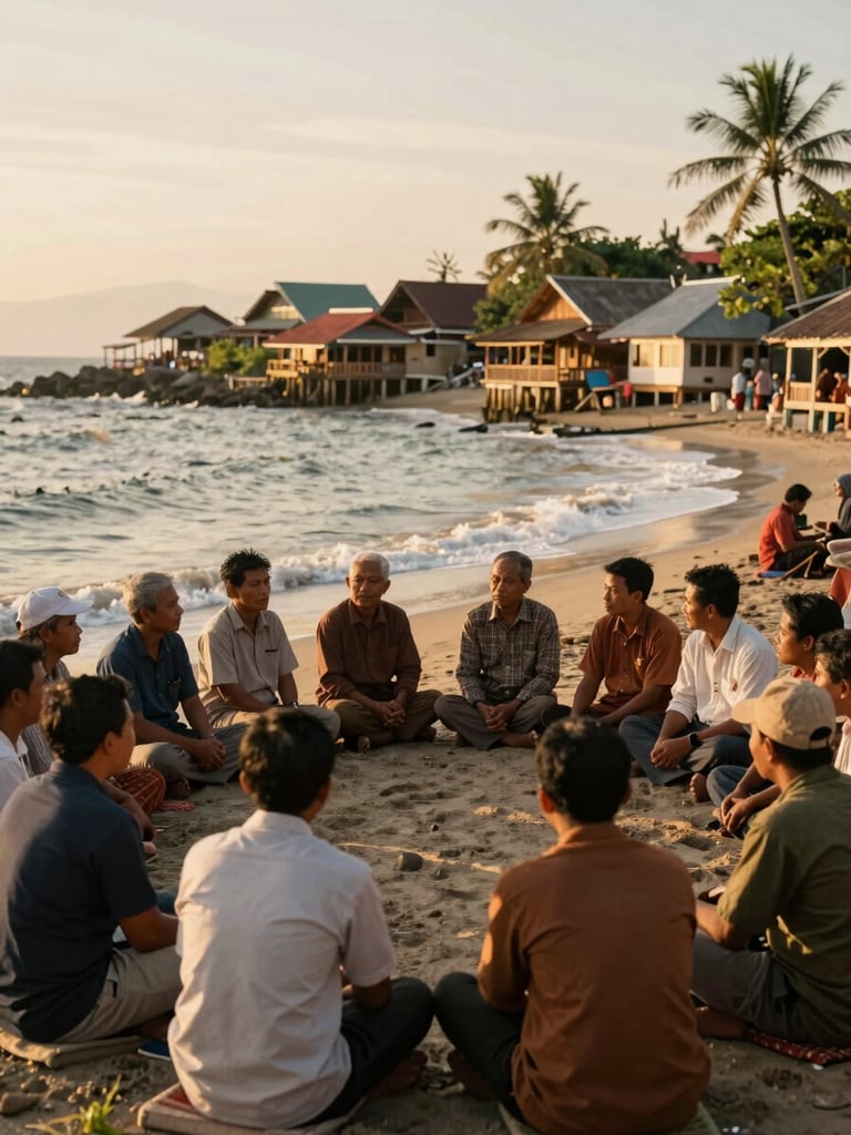 Warm golden hour light illuminating a coastal village assembly in Indonesia, people sitting in a circle discussing, respectful medium-close shot, documentary style.