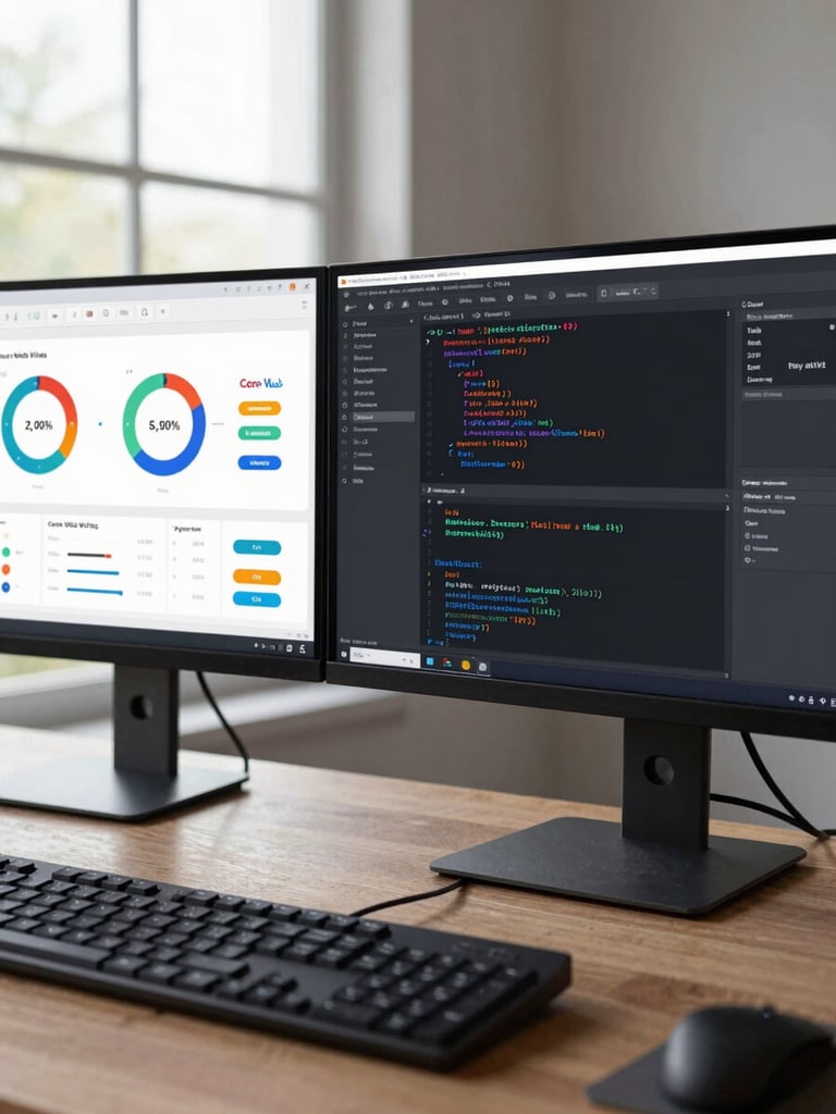 Wide shot of a developer's dual-monitor setup showing a performance dashboard with Core Web Vitals metrics and clean code in an IDE, neutral daylight from a side window, keyboard in sharp foreground