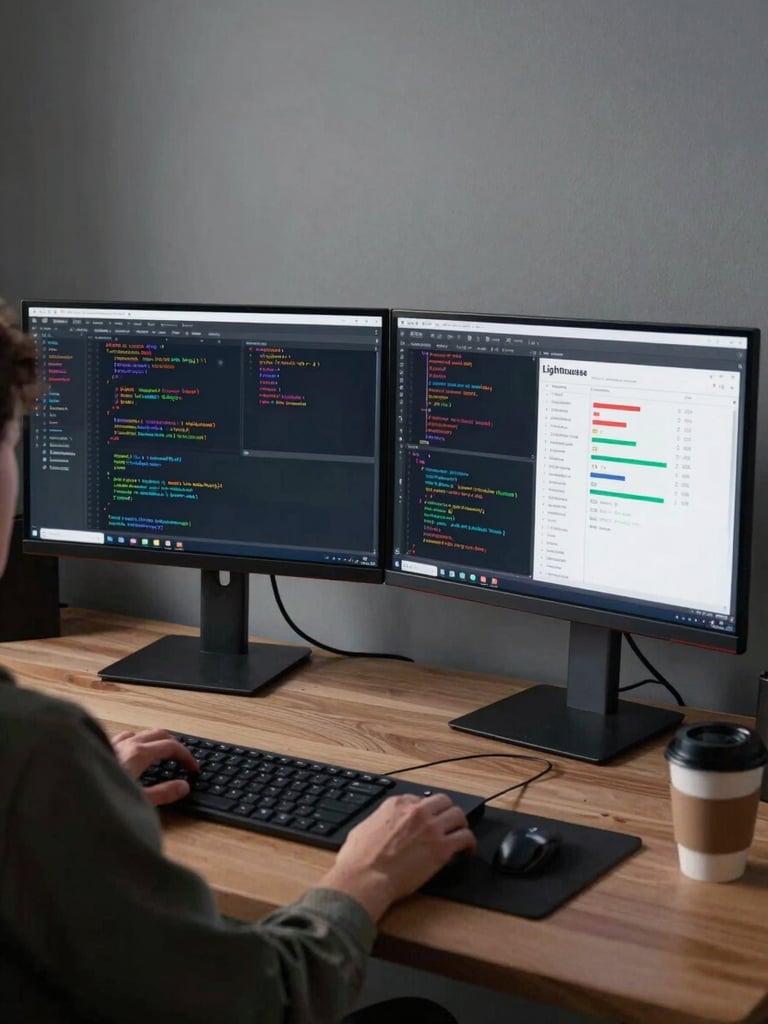 Wide shot from behind a developer at a dual-monitor workstation, both screens displaying dense code and a Lighthouse performance audit panel, cool studio lighting, workspace context visible including keyboard and coffee cup at edge