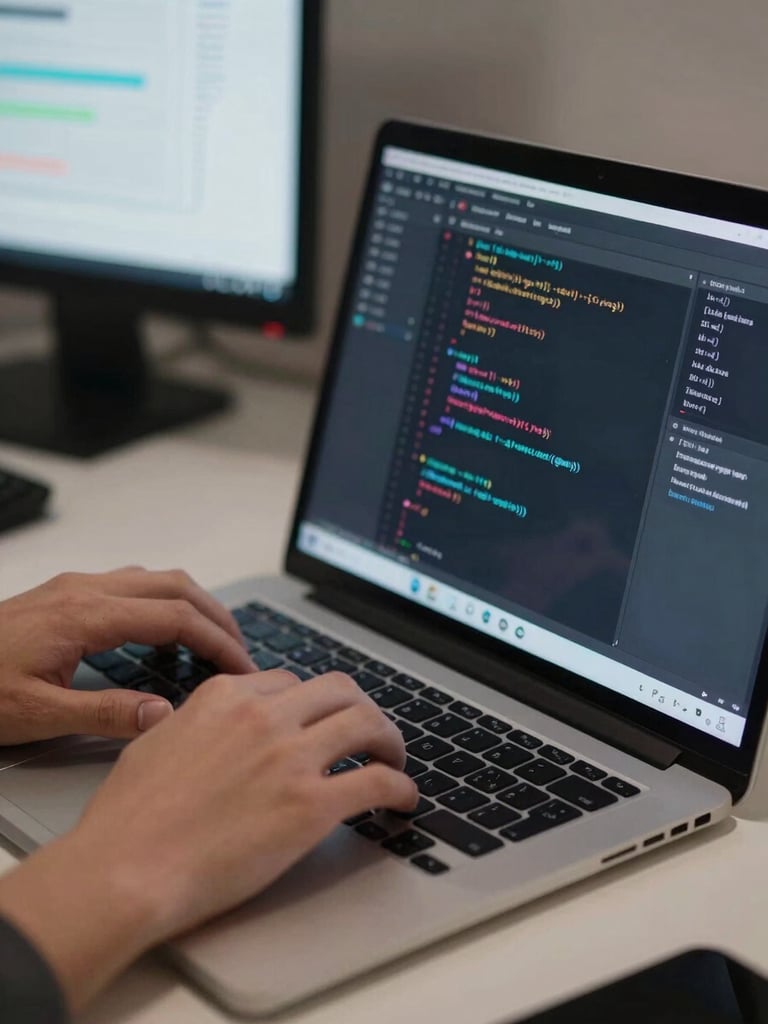 Close-up of hands at a laptop keyboard, a code editor open on screen with visible function declarations and structured HTML markup, cool neutral desk lighting, a second monitor showing a dashboard analytics view softly blurred in the background