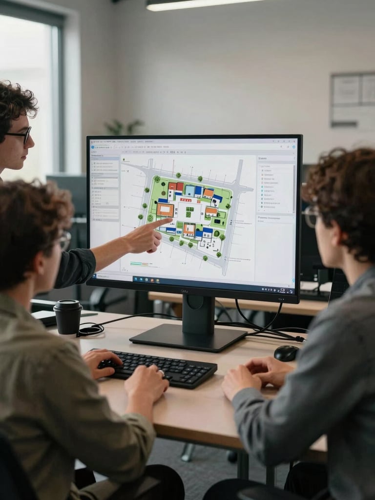 Wide environmental shot of a small team mid-discussion around a large monitor displaying a site architecture diagram, neutral office daylight from the left, one person pointing at the screen while another types, screens and cables visible in the background, cool studio atmosphere