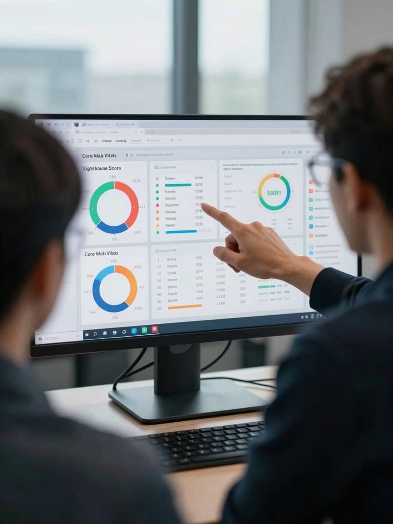 Over-the-shoulder view of two engineers reviewing a performance metrics dashboard on a large monitor, Lighthouse scores and Core Web Vitals visible on screen, cool daylight from a nearby window, one person pointing at a specific metric