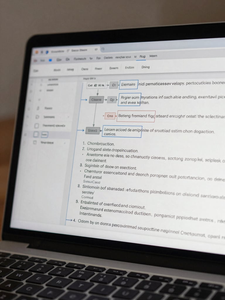 Close-up of a laptop screen displaying a structured technical documentation page with annotated site architecture decisions and numbered reasoning notes, cool neutral daylight from the left, keyboard partially visible at bottom edge