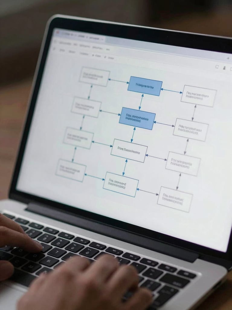 Close-up of a laptop screen displaying a site architecture diagram with interconnected nodes and labeled URL paths, cool studio lighting, hands resting at keyboard edges, shallow depth of field