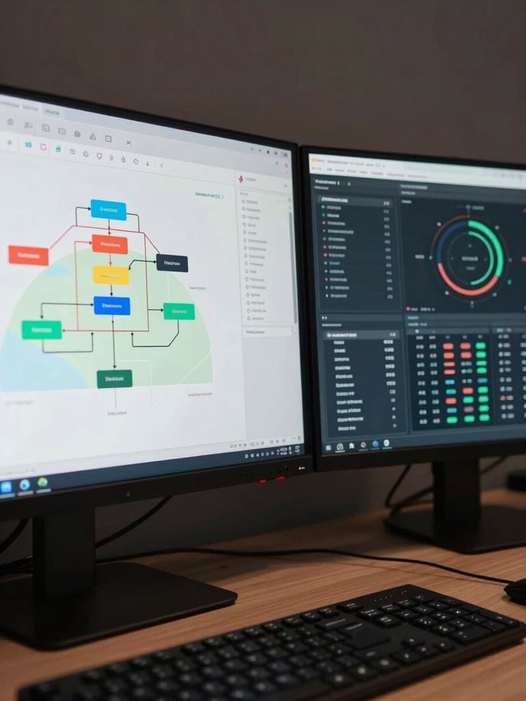Wide-angle close-up of a developer's dual-monitor workstation showing a site architecture diagram on the left screen and a live search-performance analytics dashboard on the right, cool studio lighting, cables and keyboard visible in foreground, no people, full interface context visible