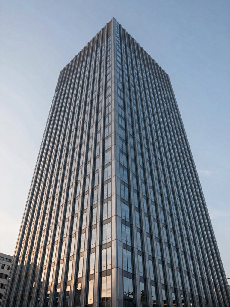 Wide-angle architectural perspective of a modern corporate skyscraper made of glass and steel reflecting a crisp morning sky, clean lines, shallow depth of field.