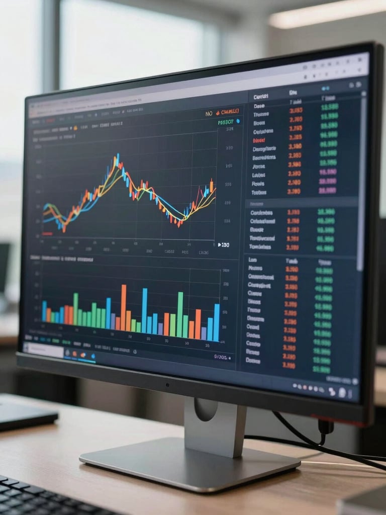 Extreme close-up of a clean digital financial dashboard showing corporate performance metrics on a high-end monitor, steel and glass office reflections, sharp crisp morning daylight.