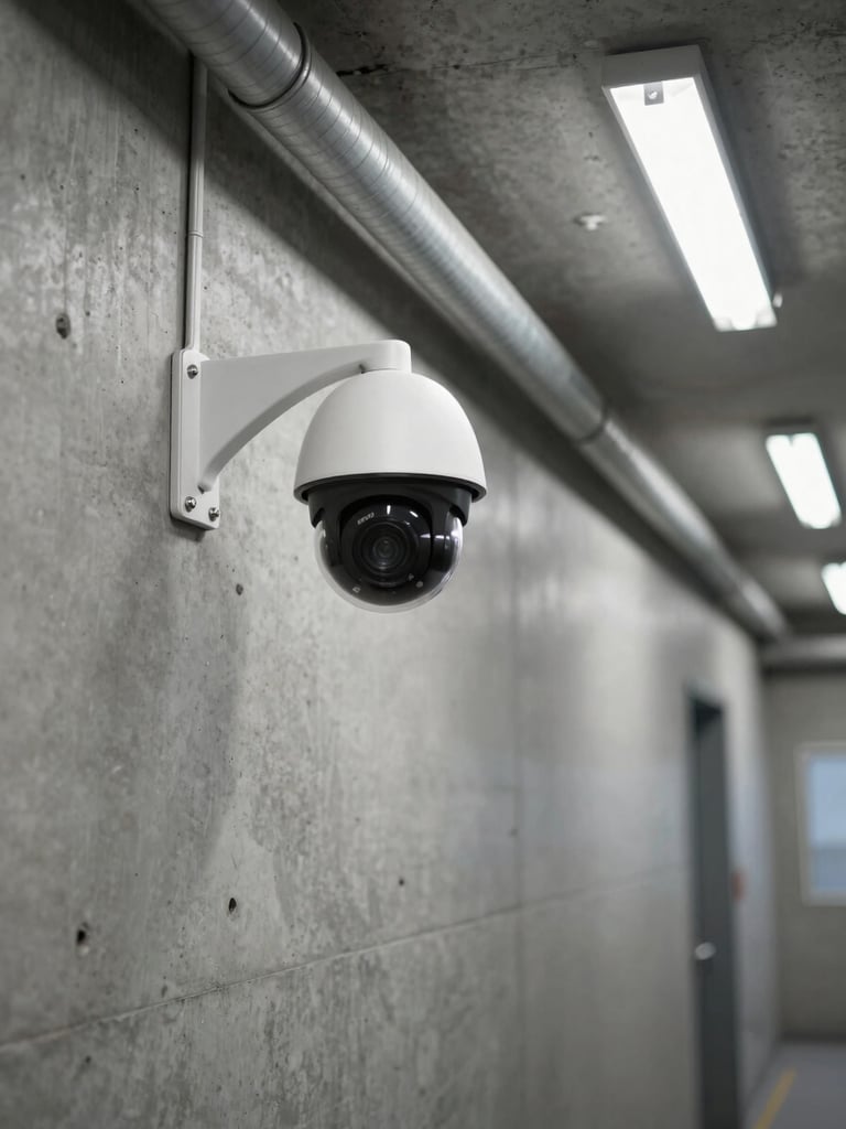 Wide shot, camera left — a Hikvision dome camera mounted flush on a raw concrete industrial wall, conduit running neatly to the right, harsh overhead fluorescent fill, shallow depth of field with the mounting hardware in sharp focus and the corridor fading behind