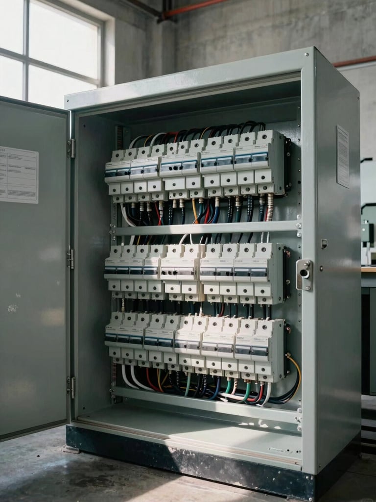 Wide shot inside an open industrial electrical panel, dense cable runs and circuit breakers in organized rows, daylight from a factory window catching steel surfaces, close environmental framing showing the panel integrated into a concrete wall