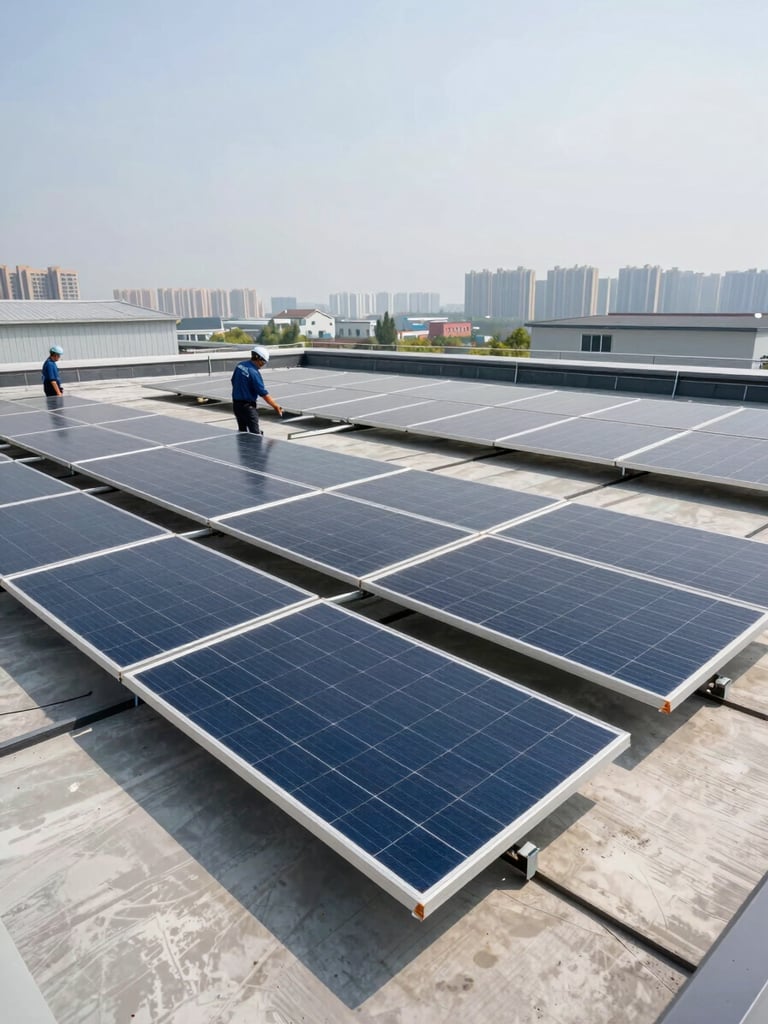 Wide overhead shot of solar panel array being installed on a flat industrial rooftop, two technicians visible from above positioning panels in precise rows, midday daylight, urban skyline blurred in far background, generous sky above
