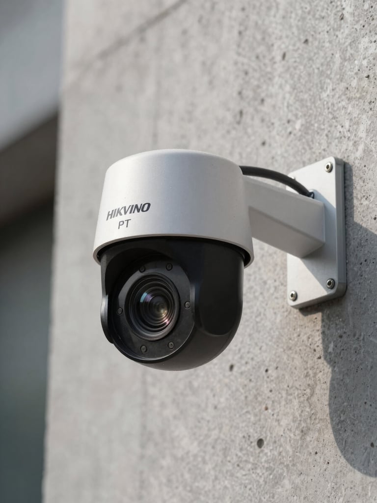Close-up of a Hikvision PTZ camera mounted on a steel bracket against a concrete wall, sharp detail on the housing and cable entry, daylight from the left, cool gray tones
