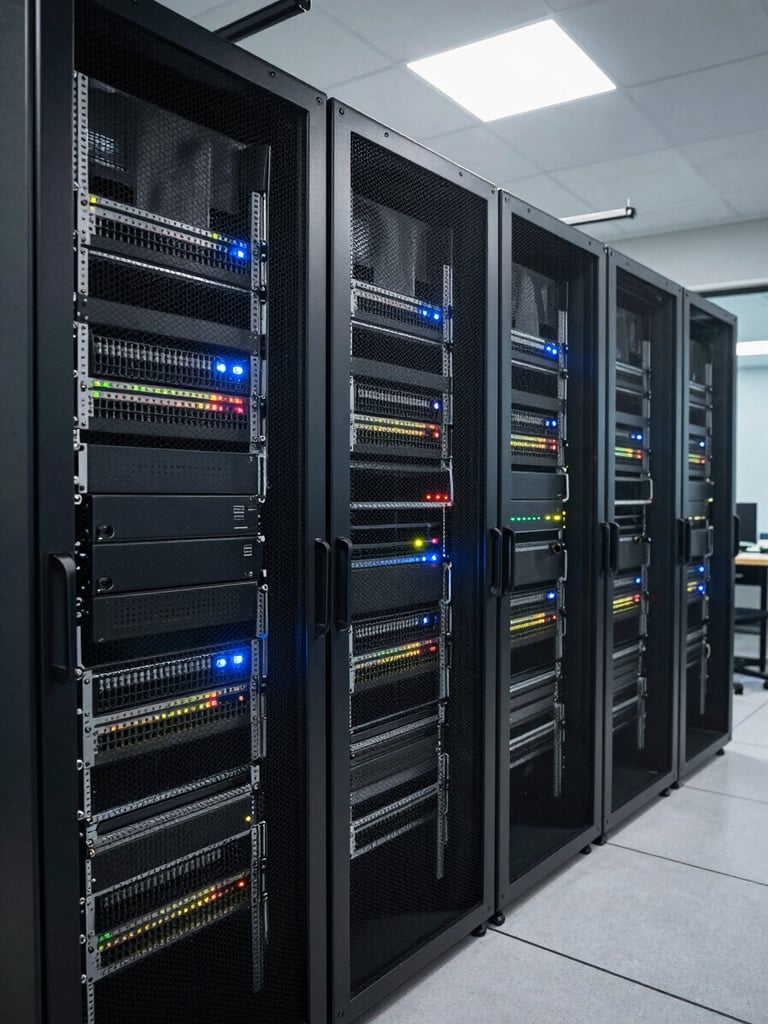 Wide environmental shot of a server rack and network patch panel inside a security operations room, Hikvision NVR units visible, LED indicators active, overhead fluorescent light, no people