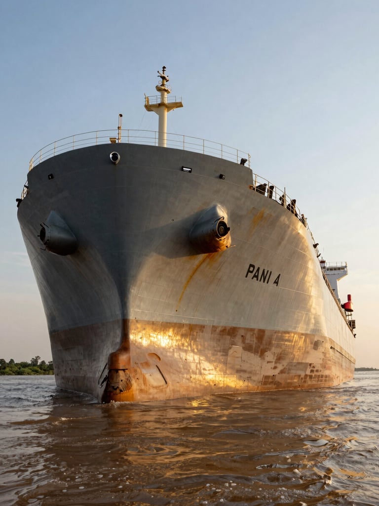 Low-angle shot of a massive Panamax bulk carrier hull in the muddy Amazon river waters, golden hour light reflecting off the steel, technical grid overlay vibe