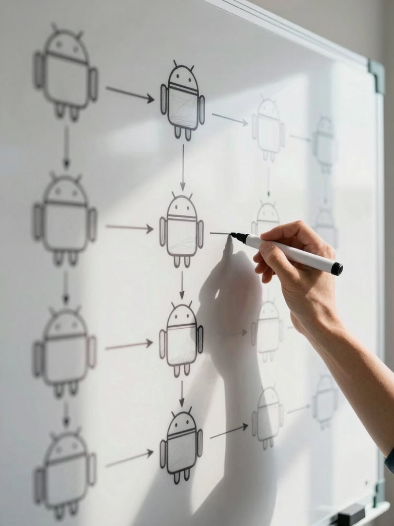 Close-up of a whiteboard covered in Android navigation flow diagrams and annotated user-journey maps, a hand holding a marker mid-annotation, bright daylight from a side window casting clean shadows, tight crop showing diagram detail and ink texture