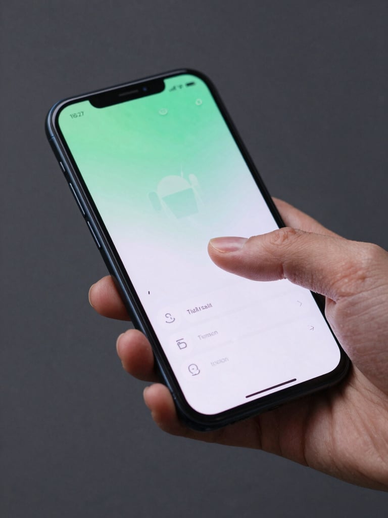 Tight crop of an Android phone screen mid-interaction, a finger lifting off a smooth card-swipe gesture, UI elements caught in motion with crisp edges and vivid color on a charcoal background, clean studio strobe lighting, shallow depth of field focused on screen glass
