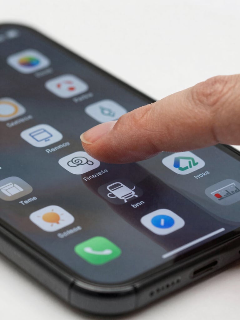 Tight close-up of a finger pressing a smartphone screen mid-tap, bright studio strobe lighting revealing crisp UI detail on the display, sharp focus on the fingertip and glass surface with the interface clearly visible beneath