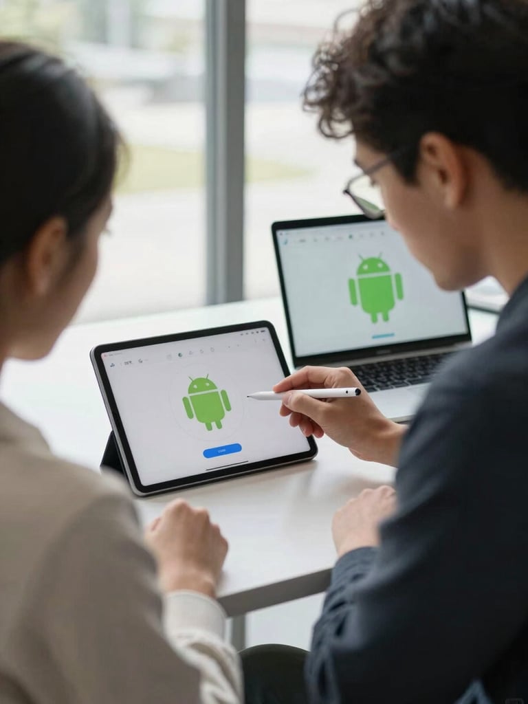 Two team members side by side at a desk reviewing a tablet showing an Android app mid-transition, one person pointing at the screen detail with a stylus, bright daylight from a wide window illuminating the screen content, tight environmental framing showing the desk and devices