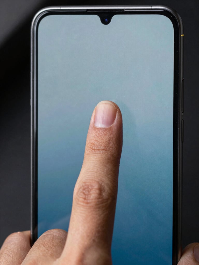 Extreme tight crop, clean studio strobe lighting — a single index finger frozen mid-tap on a high-resolution Android screen, the glass surface catching a crisp specular highlight, pixel-sharp UI elements visible beneath the fingertip, dark background fading at the left edge