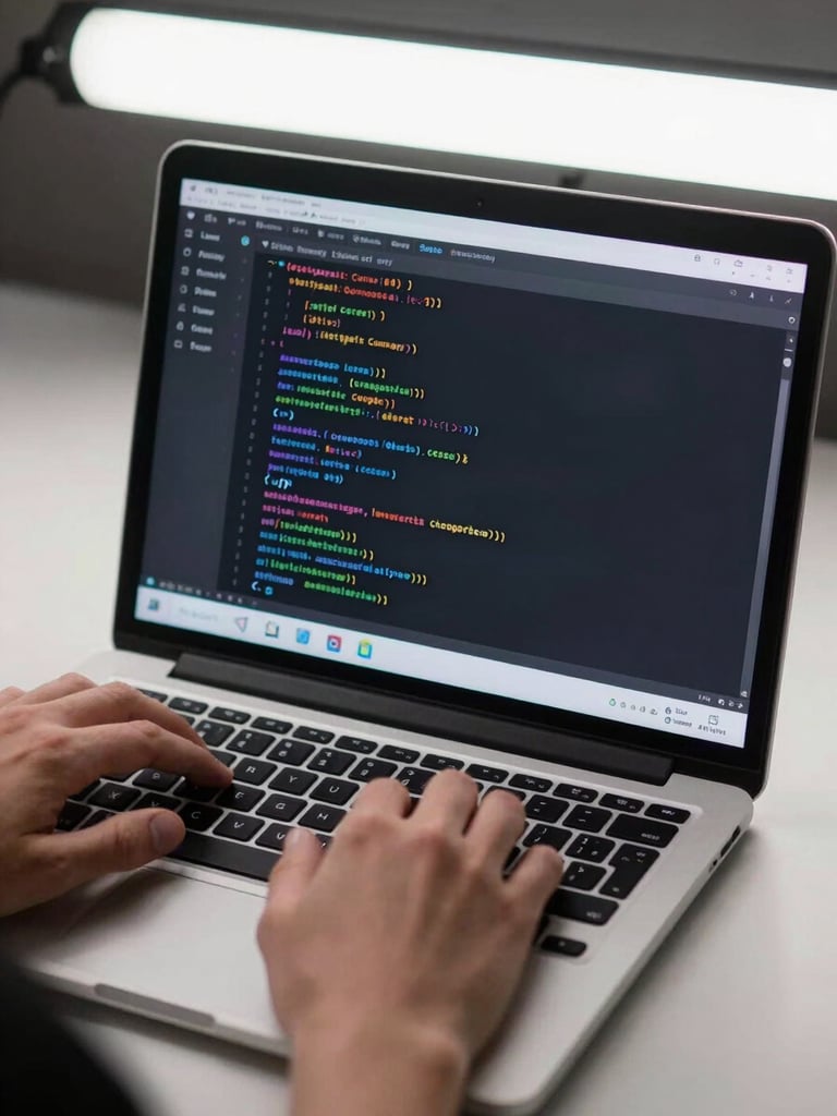 Tight crop of an Android developer's hands typing on a keyboard, a laptop screen displaying Jetpack Compose code and a live Android emulator showing a fluid list-scroll animation frozen mid-frame, clean studio strobe light from above, crisp screen colors visible